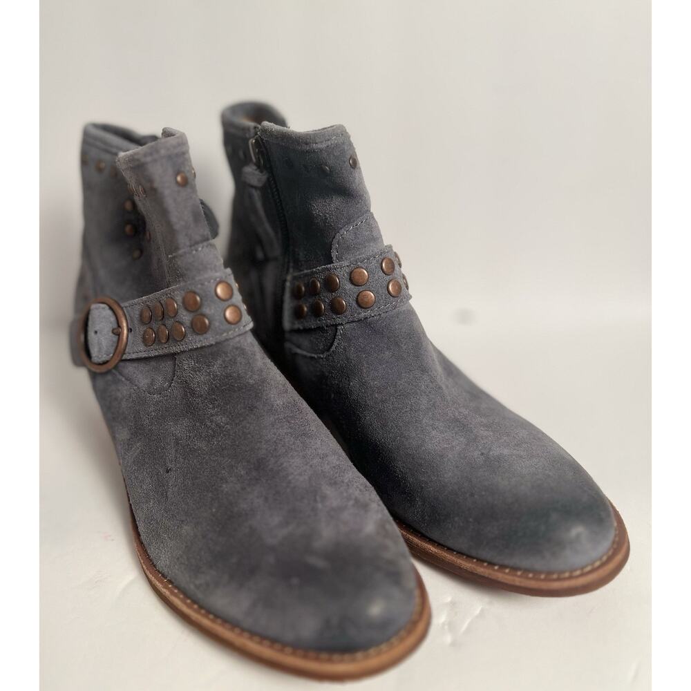 Sofft Allene Suede Ankle Boots 7 Gray/Blue Studded Moto Western Booties Buckle